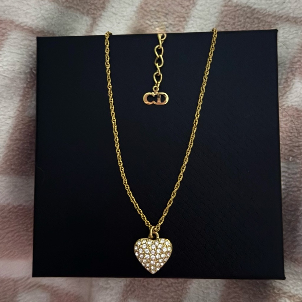 Christian Dior Vintage 1990s Shining Crystals Heart Love Pendant Gold Necklace